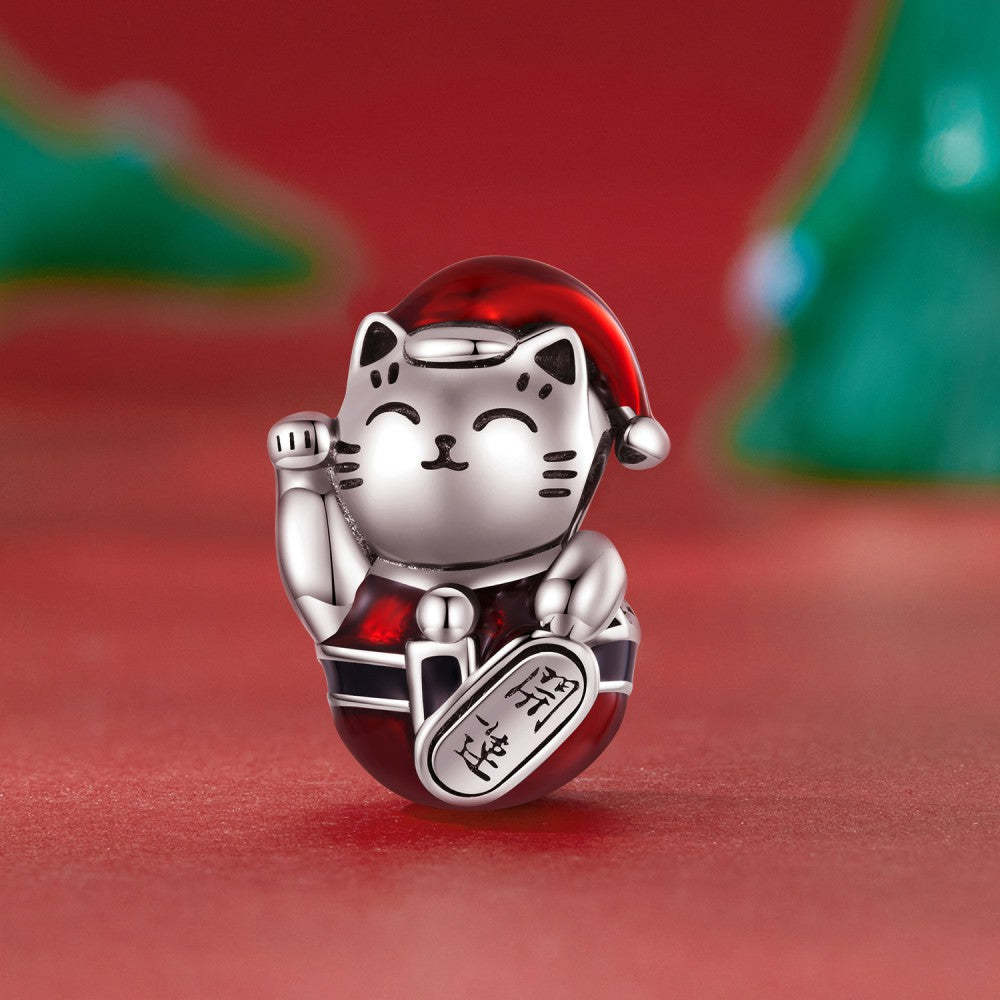 ciondolo natalizio con gatto fortunato smaltato, regali di natale in argento sterling 925 dy1372