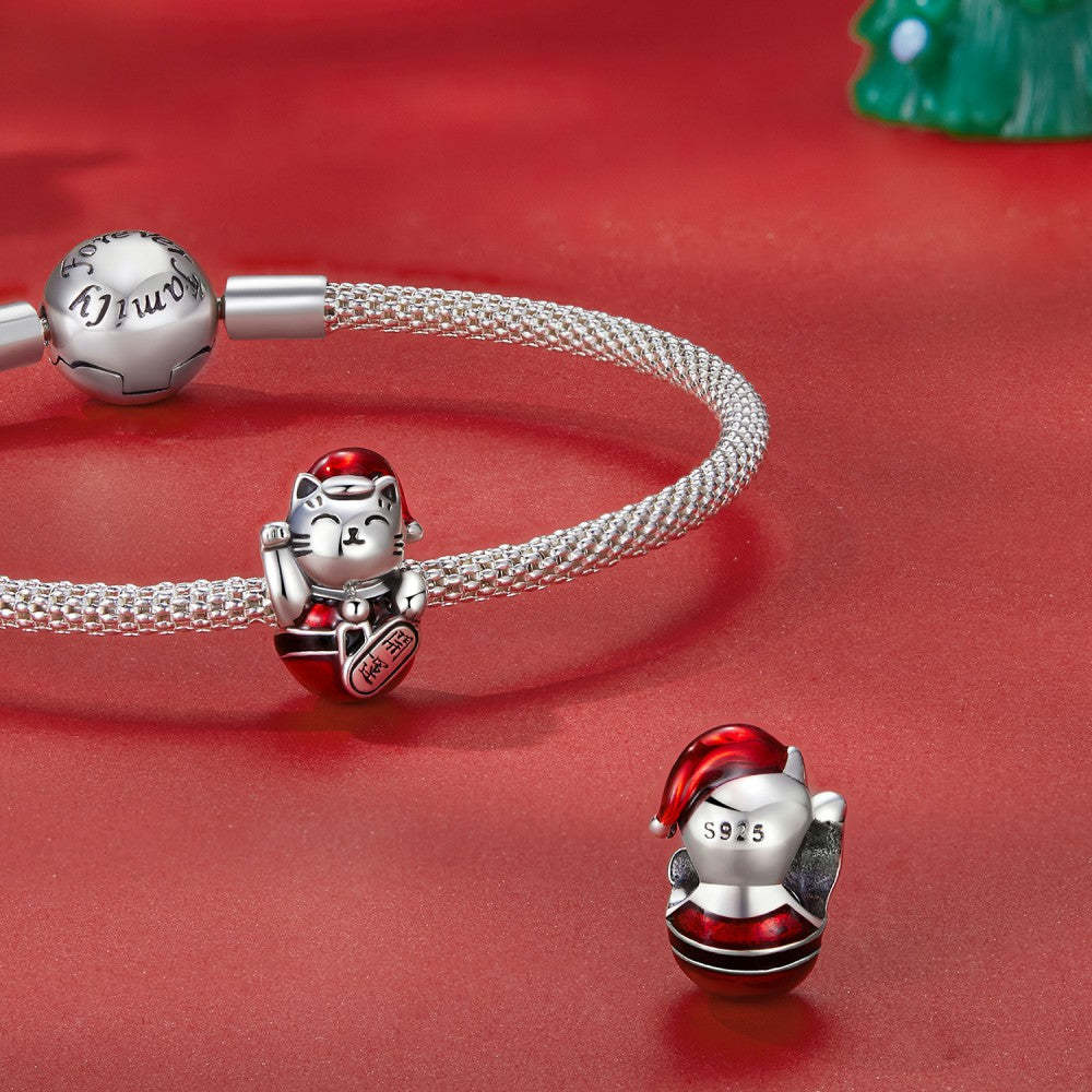 ciondolo natalizio con gatto fortunato smaltato, regali di natale in argento sterling 925 dy1372