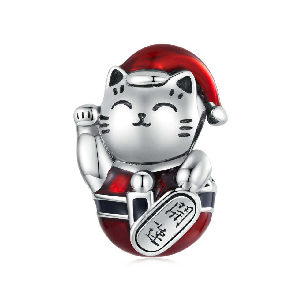 ciondolo natalizio con gatto fortunato smaltato, regali di natale in argento sterling 925 dy1372
