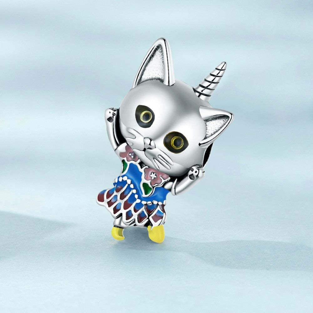 Ciondolo smaltato gatto unicorno regalo in argento sterling 925 per gli amanti degli animali dy1377