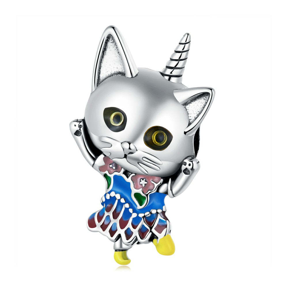 Ciondolo smaltato gatto unicorno regalo in argento sterling 925 per gli amanti degli animali dy1377