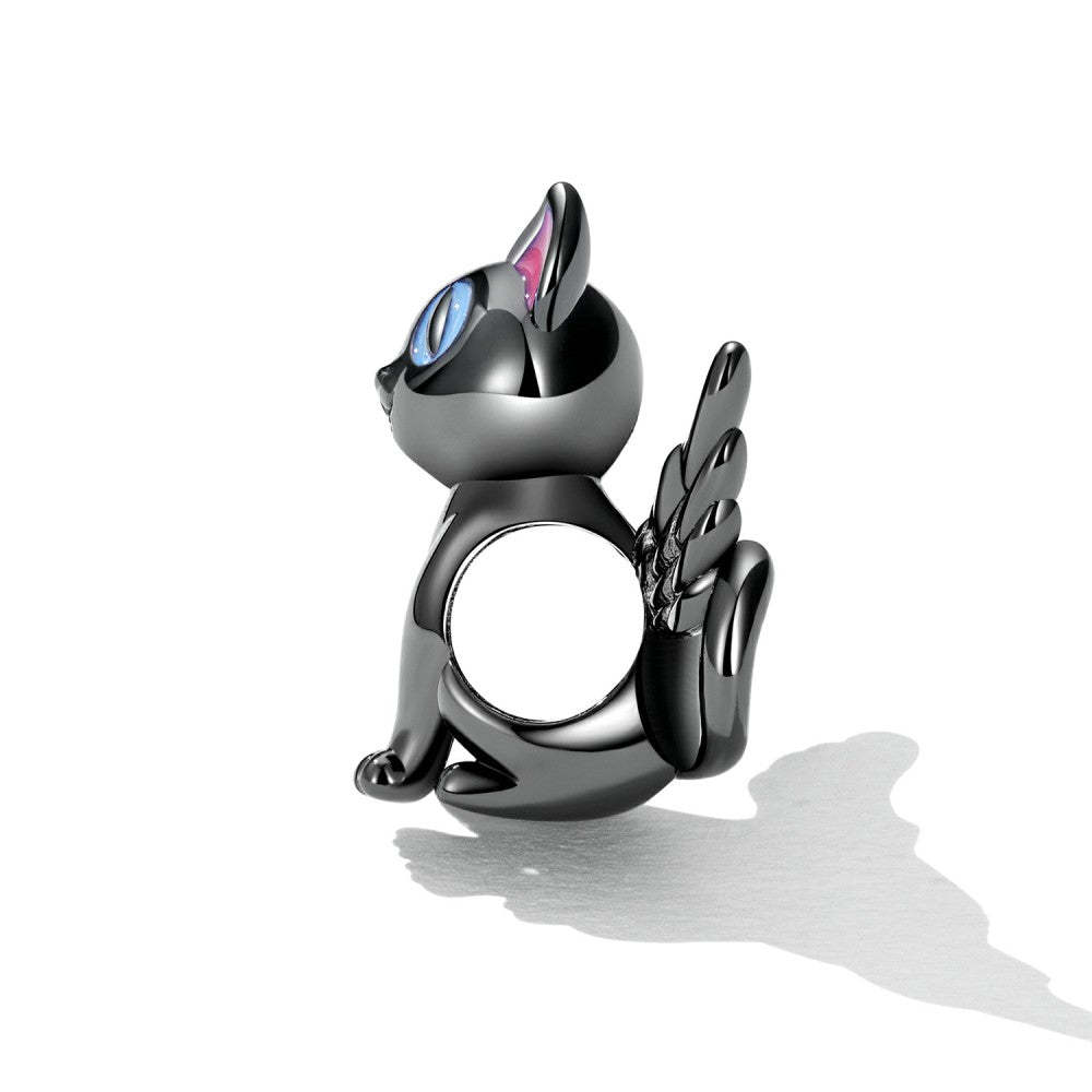 Ciondolo smaltato gatto angelo nero in argento sterling 925, regalo per gli amanti degli animali dy1392