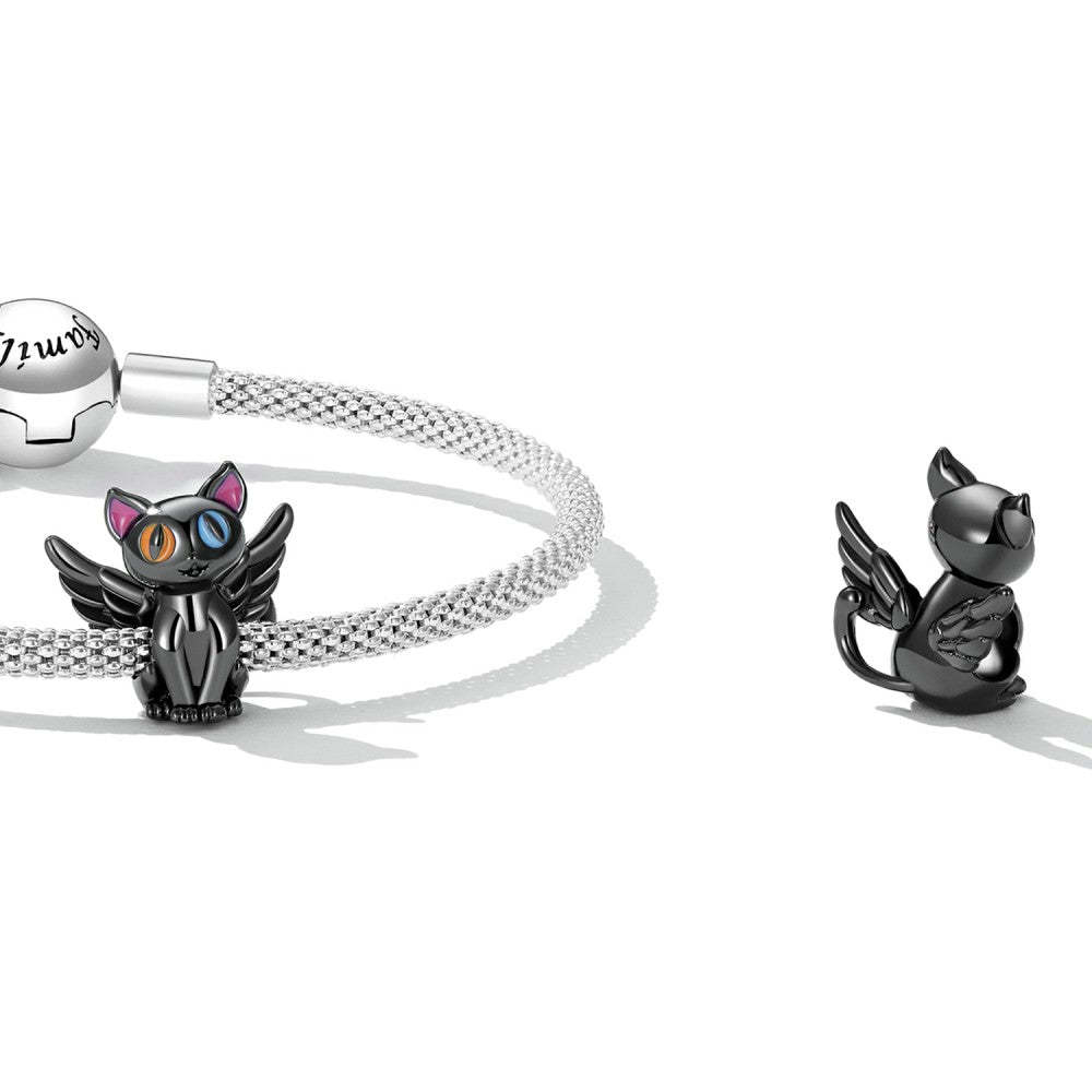 Ciondolo smaltato gatto angelo nero in argento sterling 925, regalo per gli amanti degli animali dy1392
