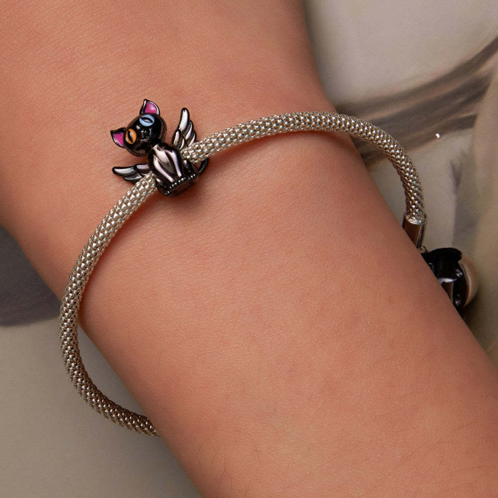 Ciondolo smaltato gatto angelo nero in argento sterling 925, regalo per gli amanti degli animali dy1392