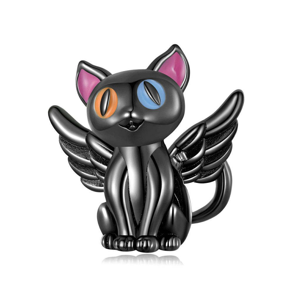Ciondolo smaltato gatto angelo nero in argento sterling 925, regalo per gli amanti degli animali dy1392