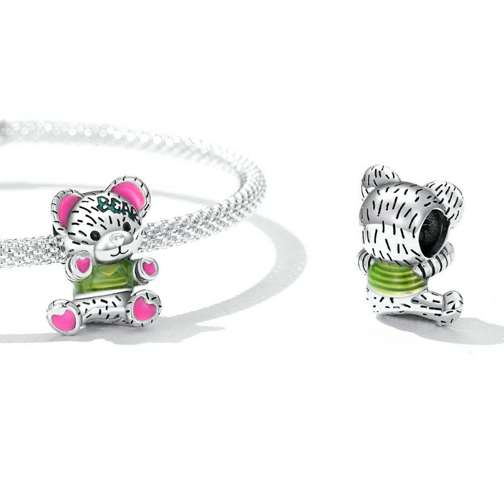 Ciondolo smaltato per bambola con orsetto neon in argento sterling 925 dy1399
