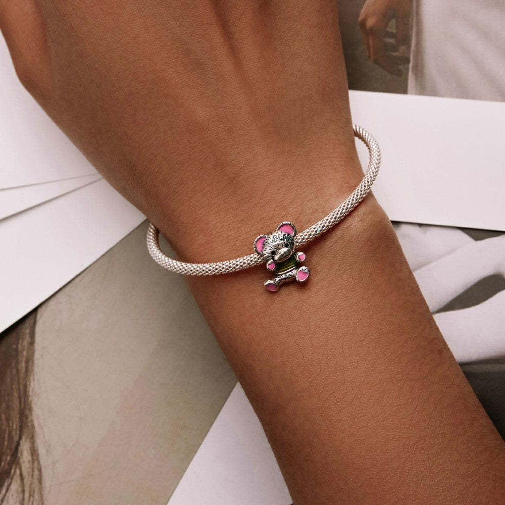 Ciondolo smaltato per bambola con orsetto neon in argento sterling 925 dy1399
