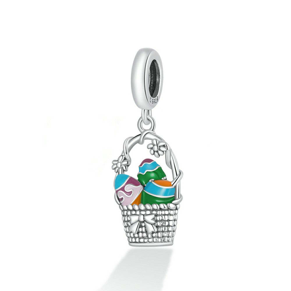 Ciondolo smaltato a forma di cesto di uova di Pasqua, regali di Pasqua in argento sterling 925, dy1404