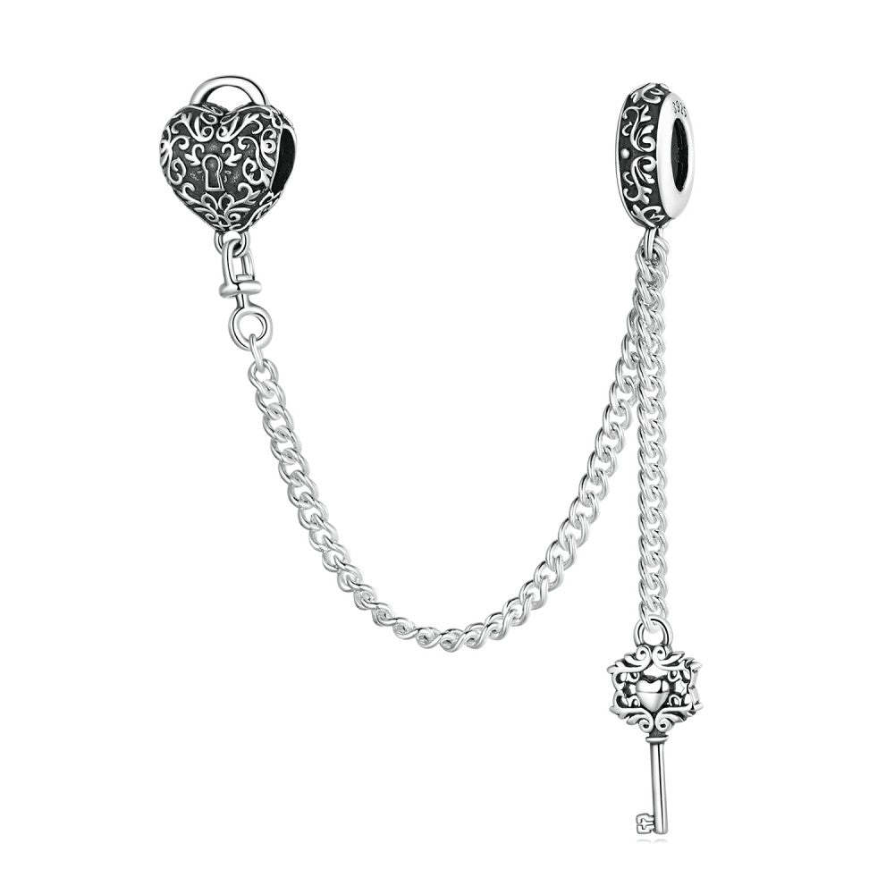 Catena con ciondolo di sicurezza con chiave e lucchetto a cuore, argento sterling 925 gsf1074