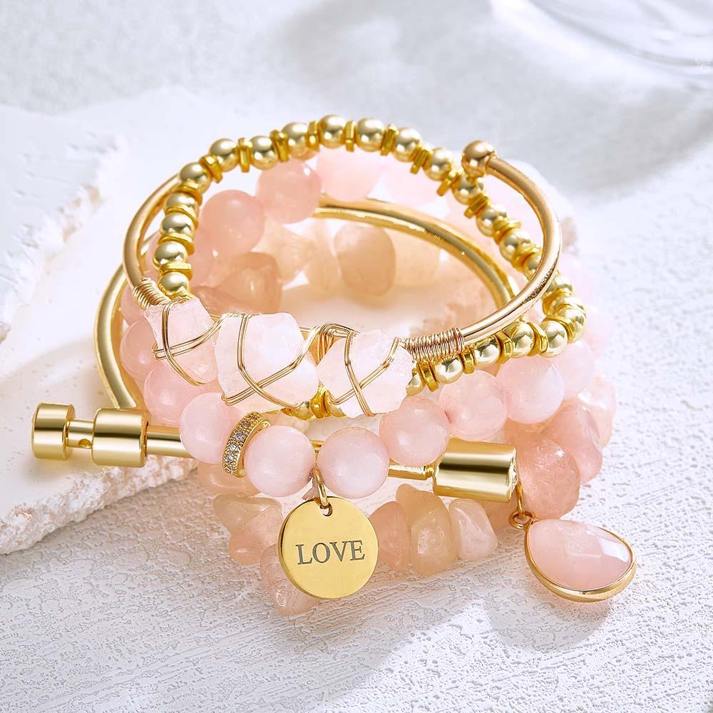 Regalo Personalizzato In Stile Boemia Con Braccialetto Inciso Con Pietra Portafortuna In Cristallo Rosa - soufeelit