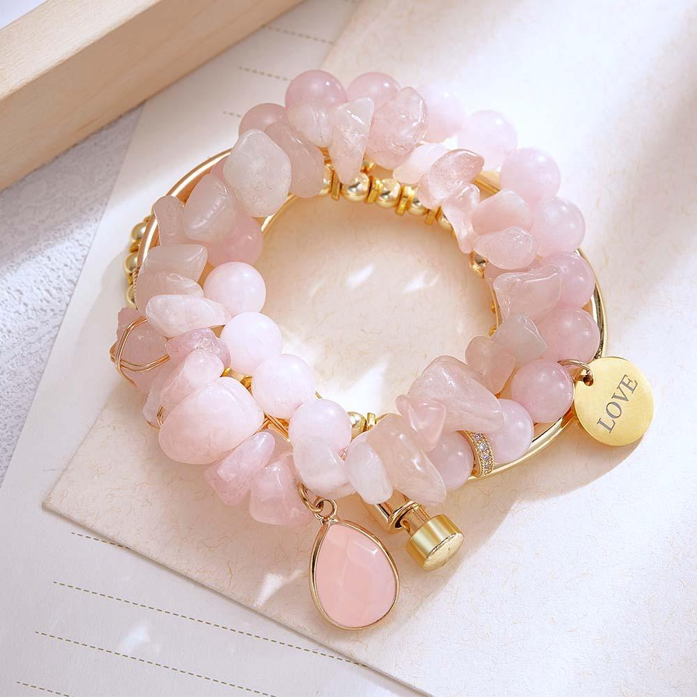 Regalo Personalizzato In Stile Boemia Con Braccialetto Inciso Con Pietra Portafortuna In Cristallo Rosa - soufeelit