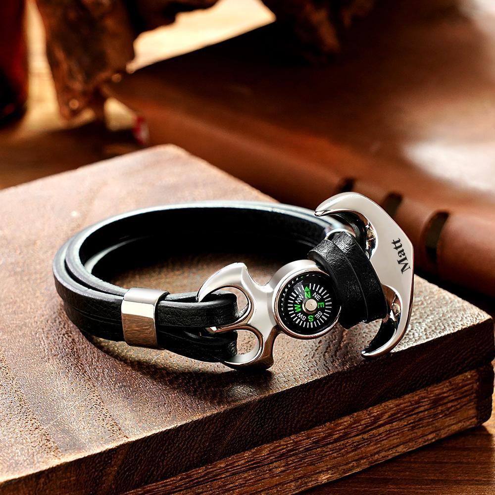 Bracciale Con Nome Personalizzato Ancoraggio Creativo Bussola Per Sport All'aria Aperta In Pelle - soufeelit