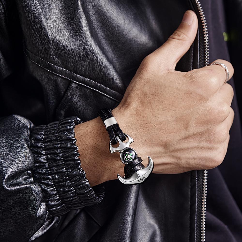 Bracciale Con Nome Personalizzato Ancoraggio Creativo Bussola Per Sport All'aria Aperta In Pelle - soufeelit