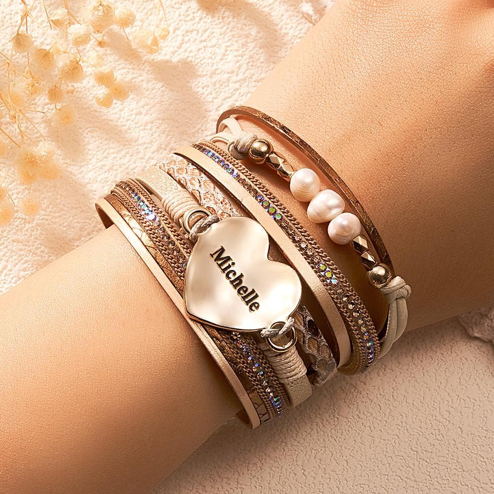 Braccialetti Avvolgenti Con Perle Barocche, Bracciale In Pelle Da Donna Con Nome Personalizzato, Splendidi - soufeelit