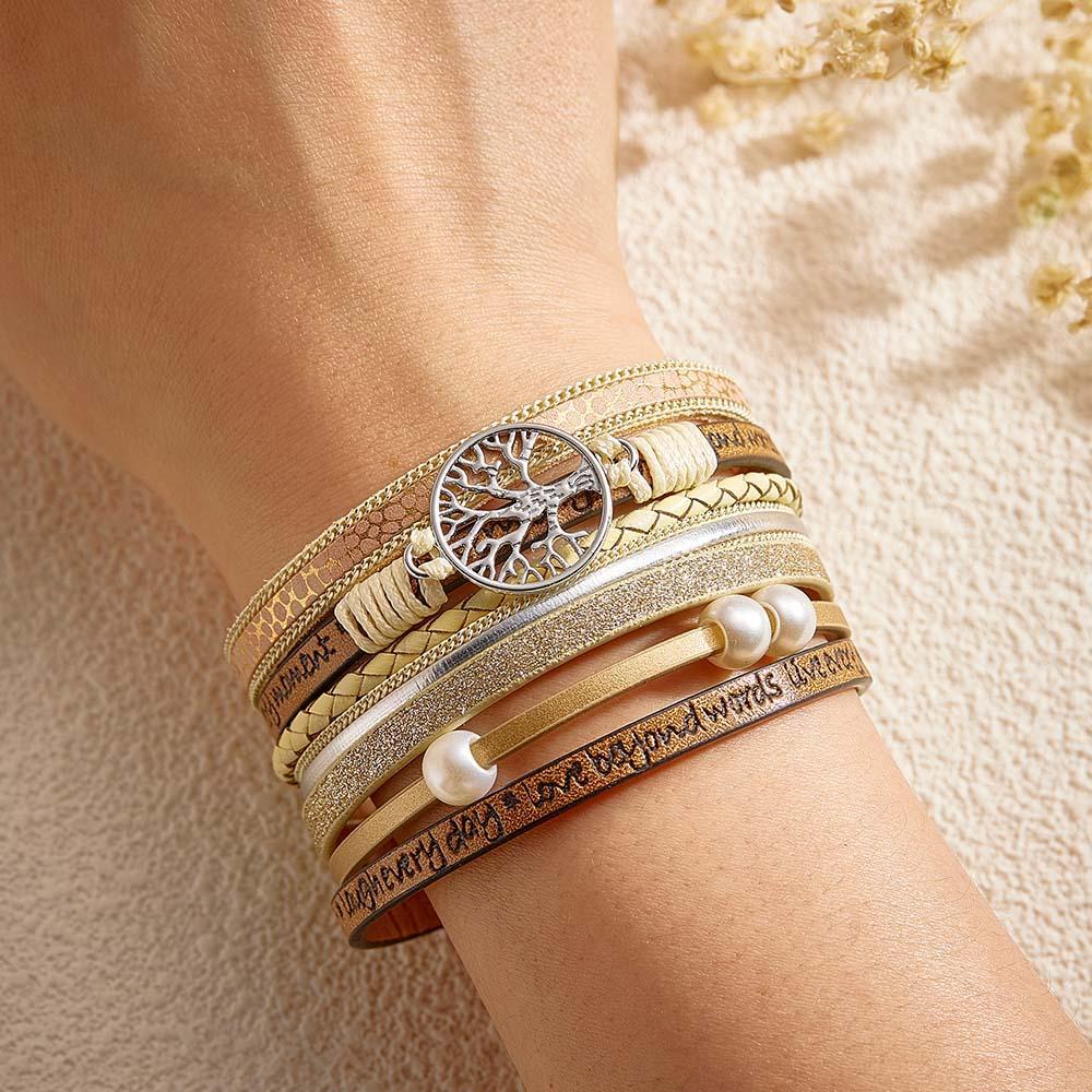 Braccialetti In Pelle Da Donna Con Albero Della Vita Ispiratore Personalizzato Inciso - soufeelit