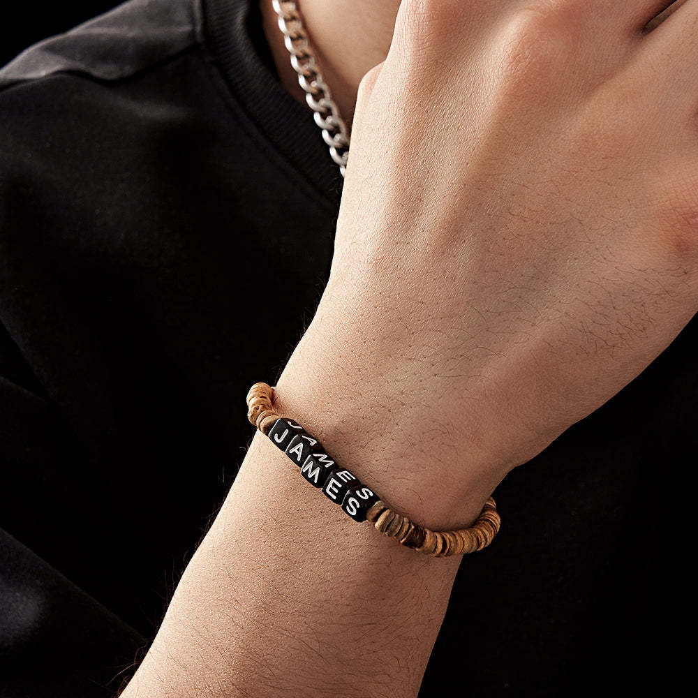 Bracciale Personalizzato Con Perline In Legno Con Nome Bracciale Retrò, Regalo Per Lui - soufeelit