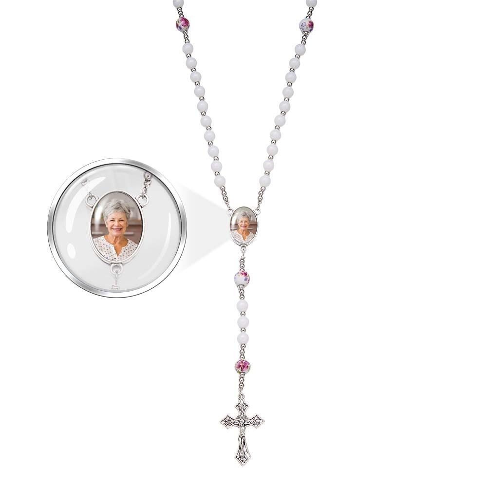 Collana Con Croce Di Perline Di Rosario Personalizzata Collana Con Rosa In Ceramica Personalizzata Con Foto - soufeelit
