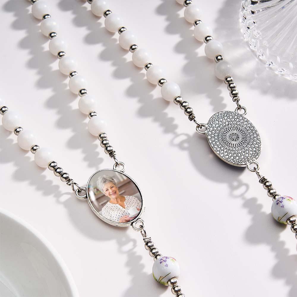 Collana Con Croce Di Perline Di Rosario Personalizzata Collana Con Rosa In Ceramica Personalizzata Con Foto - soufeelit