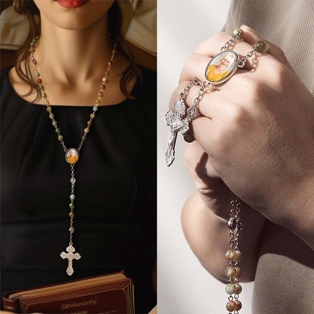 Collana Con Croce Di Rosario Personalizzata Collana Verde Personalizzata Con Foto - soufeelit