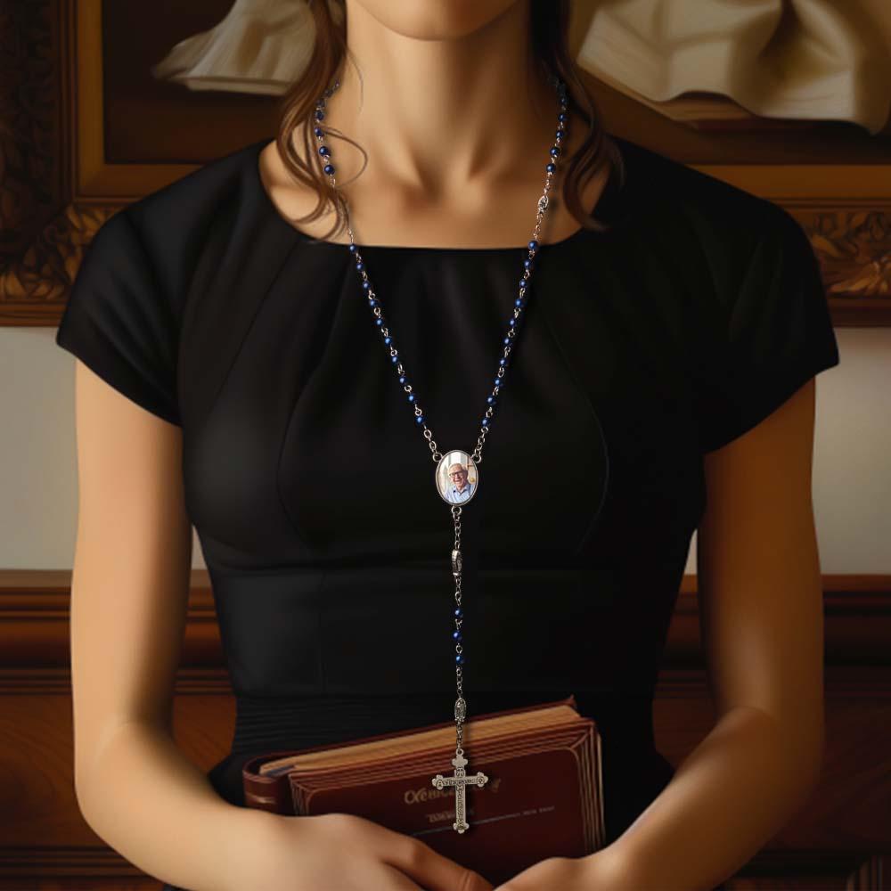 Collana Con Croce Di Perline Di Rosario Personalizzata Collana Di Perle Finte Blu Personalizzata Con Foto - soufeelit