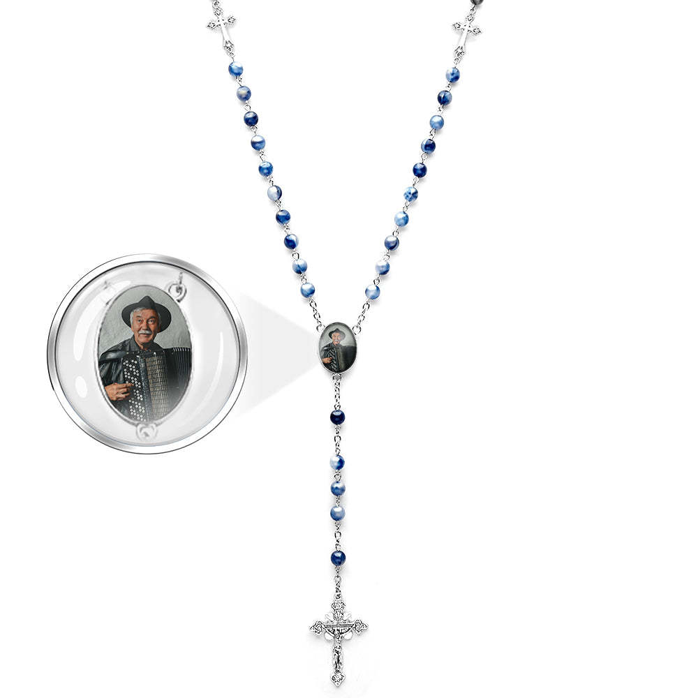 Collana Con Croce Di Perline Rosario Personalizzata Collana Con Perline In Acrilico Blu Personalizzata Con Foto - soufeelit