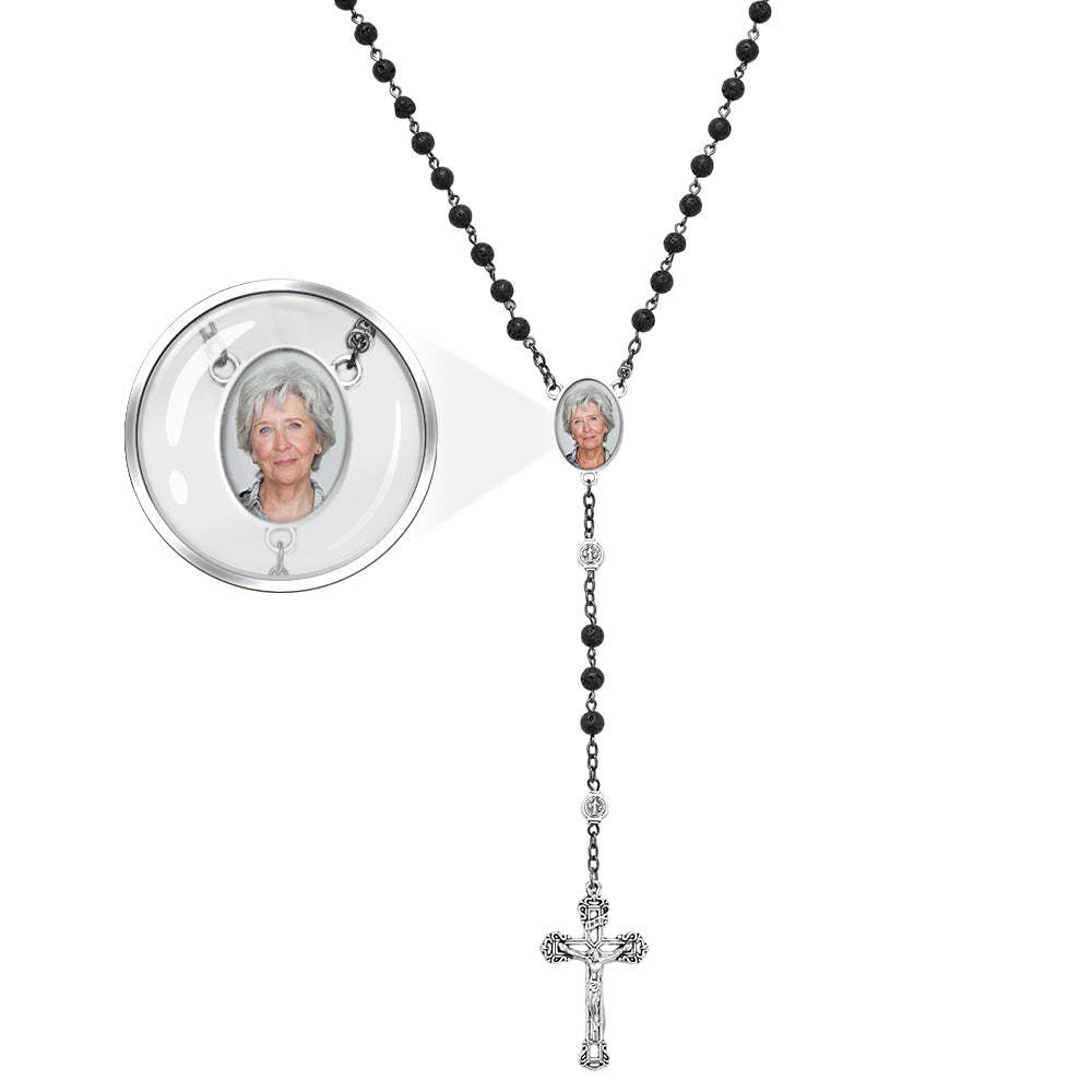 Collana Con Croce Di Perline Di Rosario Personalizzata Collana Di Pietra Vulcanica Personalizzata Con Foto - soufeelit