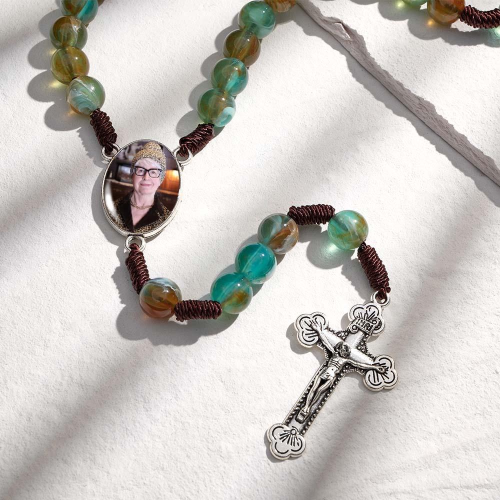 Collana Con Croce Di Perline Di Rosario Personalizzata Collana Con Perline Rotonde Di Imitazione Di Agata Personalizzata Con Foto - soufeelit