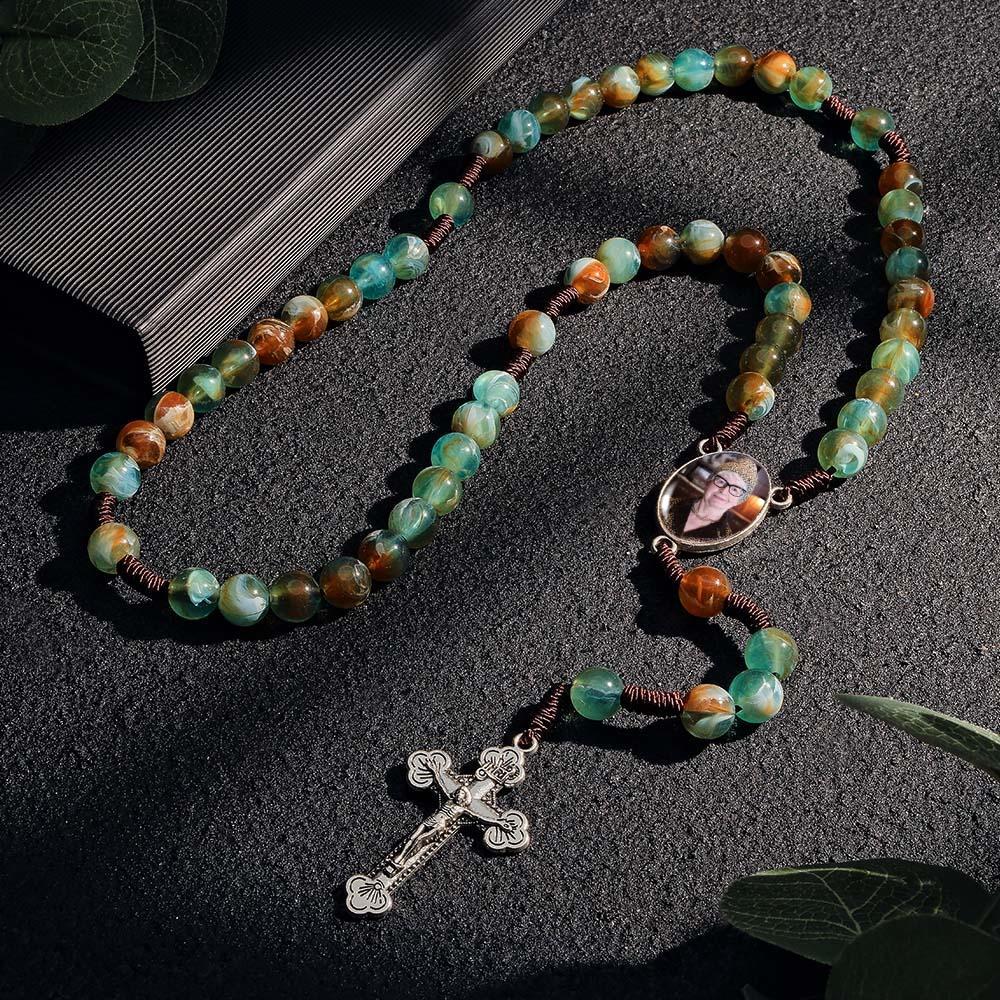 Collana Con Croce Di Perline Di Rosario Personalizzata Collana Con Perline Rotonde Di Imitazione Di Agata Personalizzata Con Foto - soufeelit