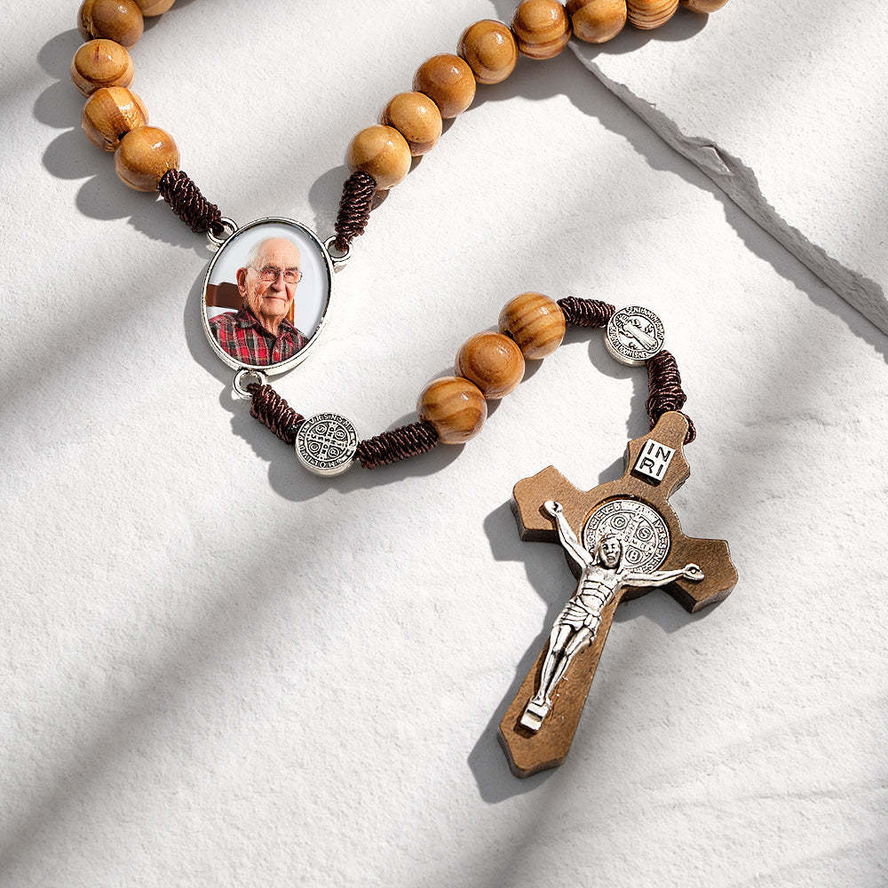 Collana Personalizzata Con Croce Di Perline Di Rosario Collana Personalizzata Con Perline Di Legno Chiaro Vintage Intrecciate A Mano Con Foto - soufeelit