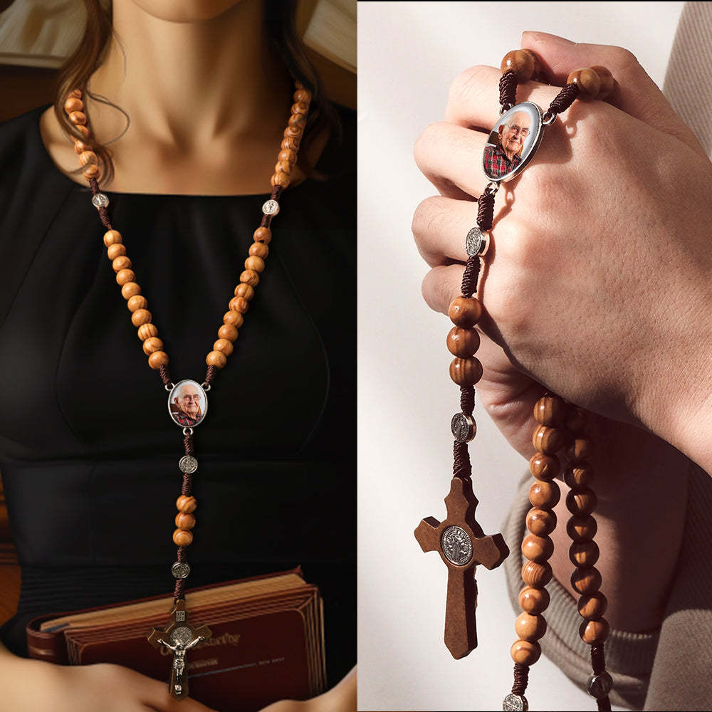 Collana Personalizzata Con Croce Di Perline Di Rosario Collana Personalizzata Con Perline Di Legno Chiaro Vintage Intrecciate A Mano Con Foto - soufeelit