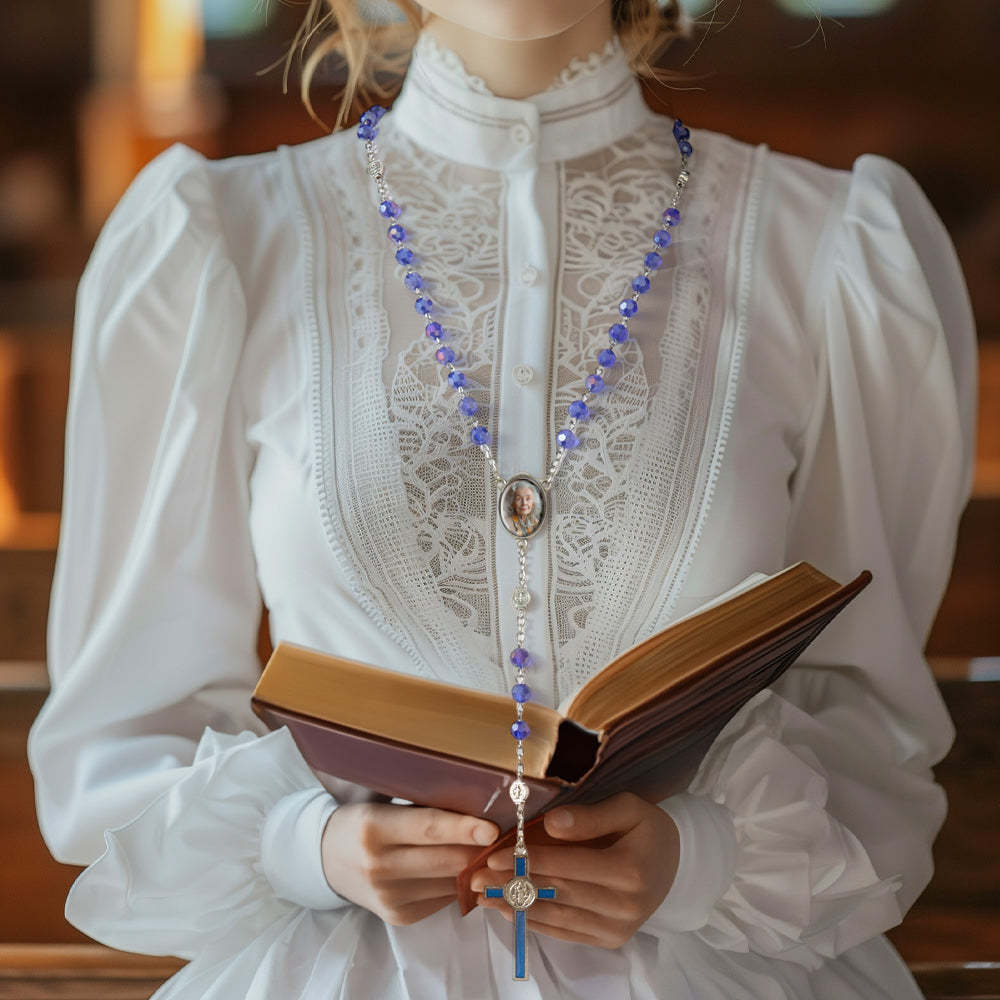 Collana Con Croce Di Perline Di Rosario Personalizzata Collana Di Cristallo Blu Personalizzata Con Foto - soufeelit