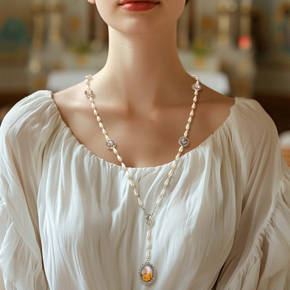 Collana Con Croce Di Perline Di Rosario Personalizzata Collana In Stile Perla Personalizzata Con Foto - soufeelit