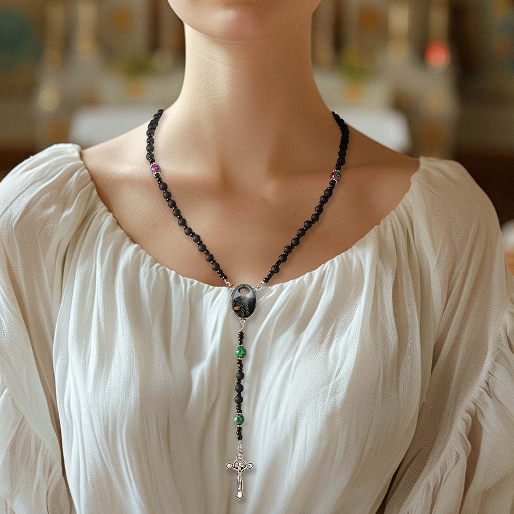 Collana Personalizzata Con Croce Di Perline Di Rosario, Modello Personalizzato, Collana In Imitazione Di Agata Nera Con Foto - soufeelit