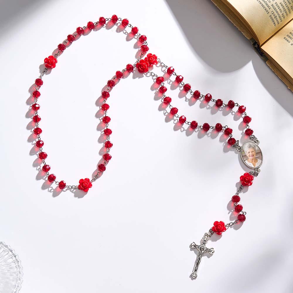 Collana Con Croce Di Perline Di Rosario Personalizzata Collana Di Cristalli Di Rosa Personalizzata Con Foto - soufeelit