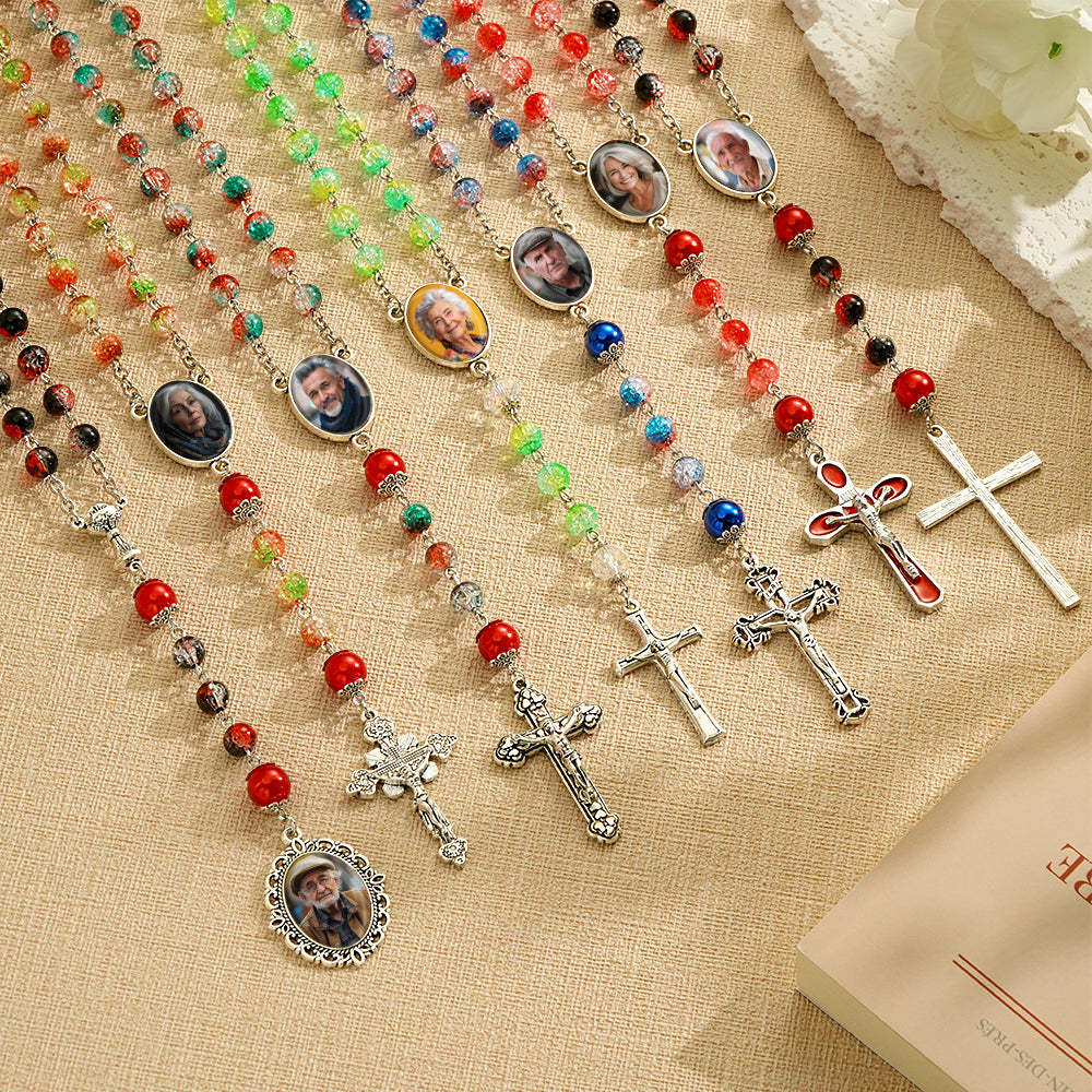 Collana Con Croce Di Perline Di Rosario Personalizzata Collana Con Perline Di Esplosione Acriliche Personalizzate In Stile Lungo Con Foto - soufeelit
