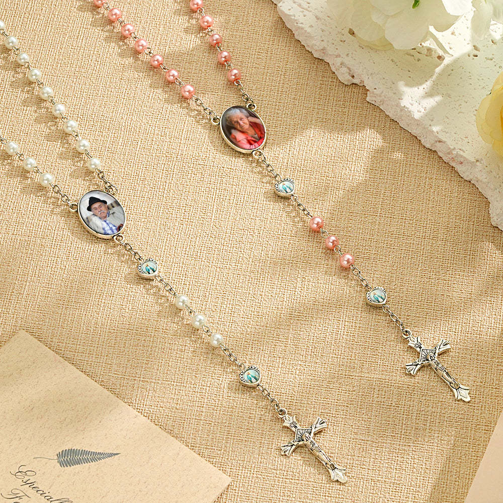 Collana Personalizzata Con Perle Di Rosario Collana Personalizzata Con Croce Di Perle Finte In Vetro Con Foto - soufeelit