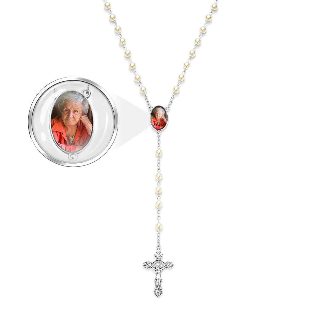 Collana Con Croce Di Perline Di Rosario Personalizzata Collana Di Perle Finte Bianche Personalizzata Con Foto - soufeelit