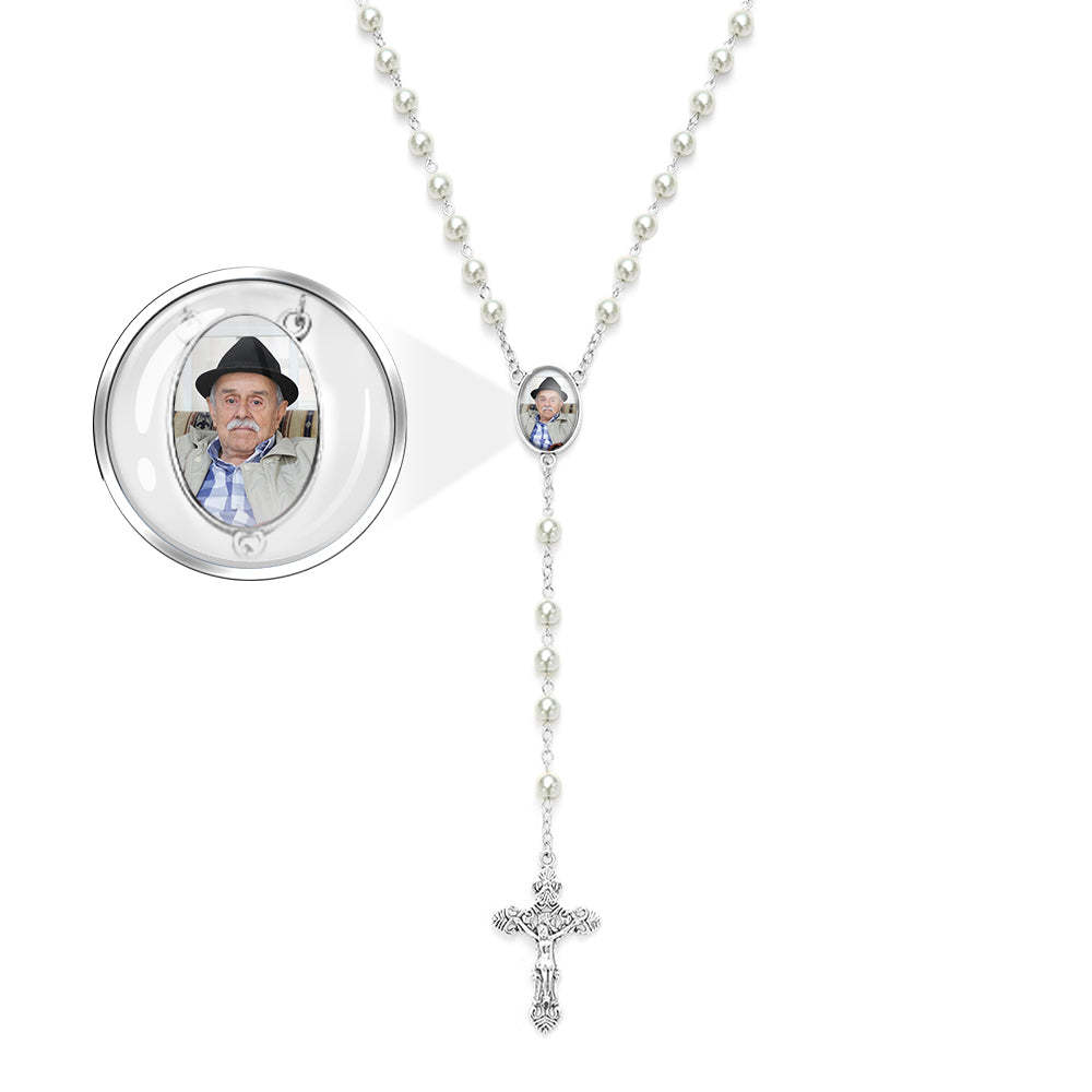 Collana Con Croce Di Perline Di Rosario Personalizzata Collana Di Perle Finte Bianche Personalizzata Con Foto - soufeelit