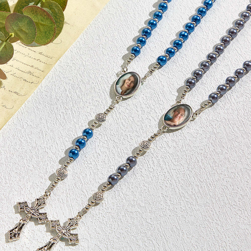 Collana Con Croce Di Perline Di Rosario Personalizzata Collana Di Perle Vuote In Vetro Imitazione Retrò Personalizzata Con Foto - soufeelit