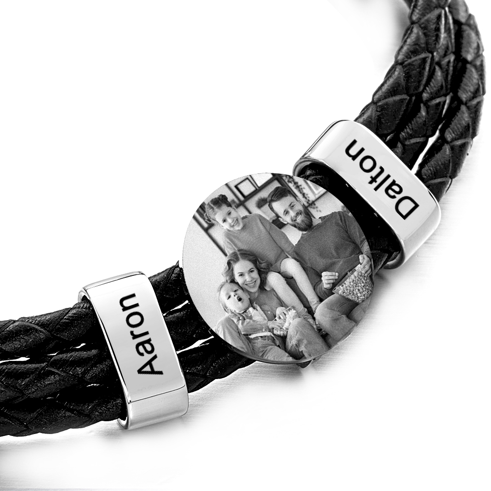 Bracciale In Pelle Da Uomo Con Foto Con 2 Nomi. Regali Fotografici Personalizzati Con Nome Di Famiglia Per La Festa Del Papà - soufeelit