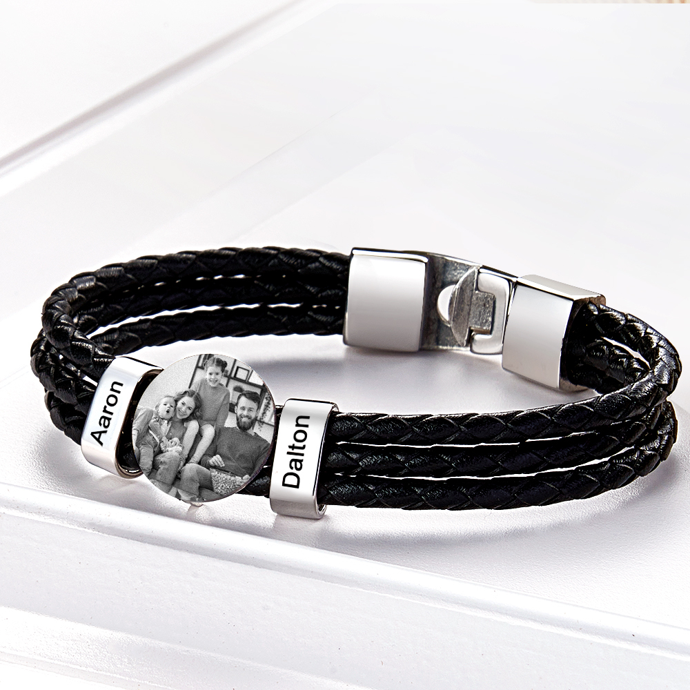 Bracciale In Pelle Da Uomo Con Foto Con 2 Nomi. Regali Fotografici Personalizzati Con Nome Di Famiglia Per La Festa Del Papà - soufeelit