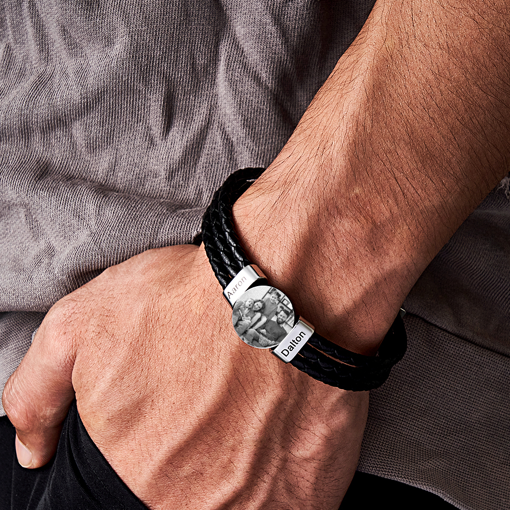 Bracciale In Pelle Da Uomo Con Foto Con 2 Nomi. Regali Fotografici Personalizzati Con Nome Di Famiglia Per La Festa Del Papà - soufeelit