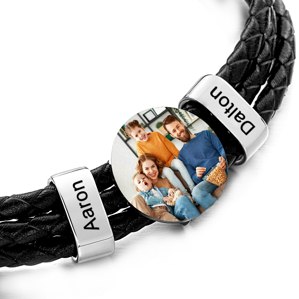 Bracciale In Pelle Da Uomo Con Foto Con 2 Nomi. Regali Fotografici Personalizzati Con Nome Di Famiglia Per La Festa Del Papà - soufeelit