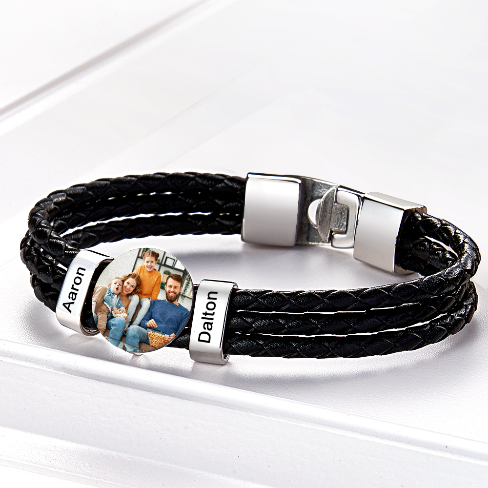 Bracciale In Pelle Da Uomo Con Foto Con 2 Nomi. Regali Fotografici Personalizzati Con Nome Di Famiglia Per La Festa Del Papà - soufeelit