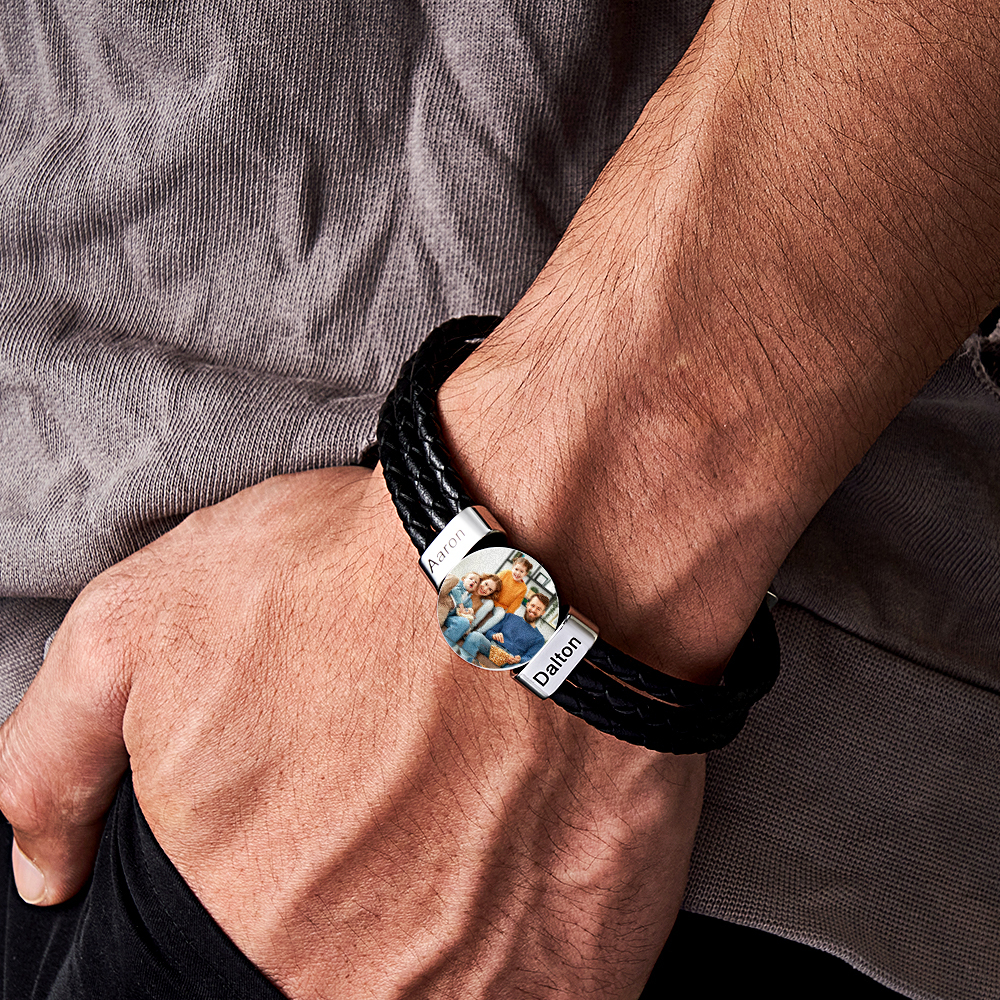 Bracciale In Pelle Da Uomo Con Foto Con 2 Nomi. Regali Fotografici Personalizzati Con Nome Di Famiglia Per La Festa Del Papà - soufeelit