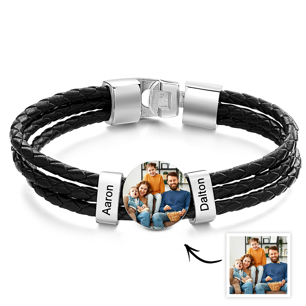 Bracciale In Pelle Da Uomo Con Foto Con 2 Nomi. Regali Fotografici Personalizzati Con Nome Di Famiglia Per La Festa Del Papà - soufeelit