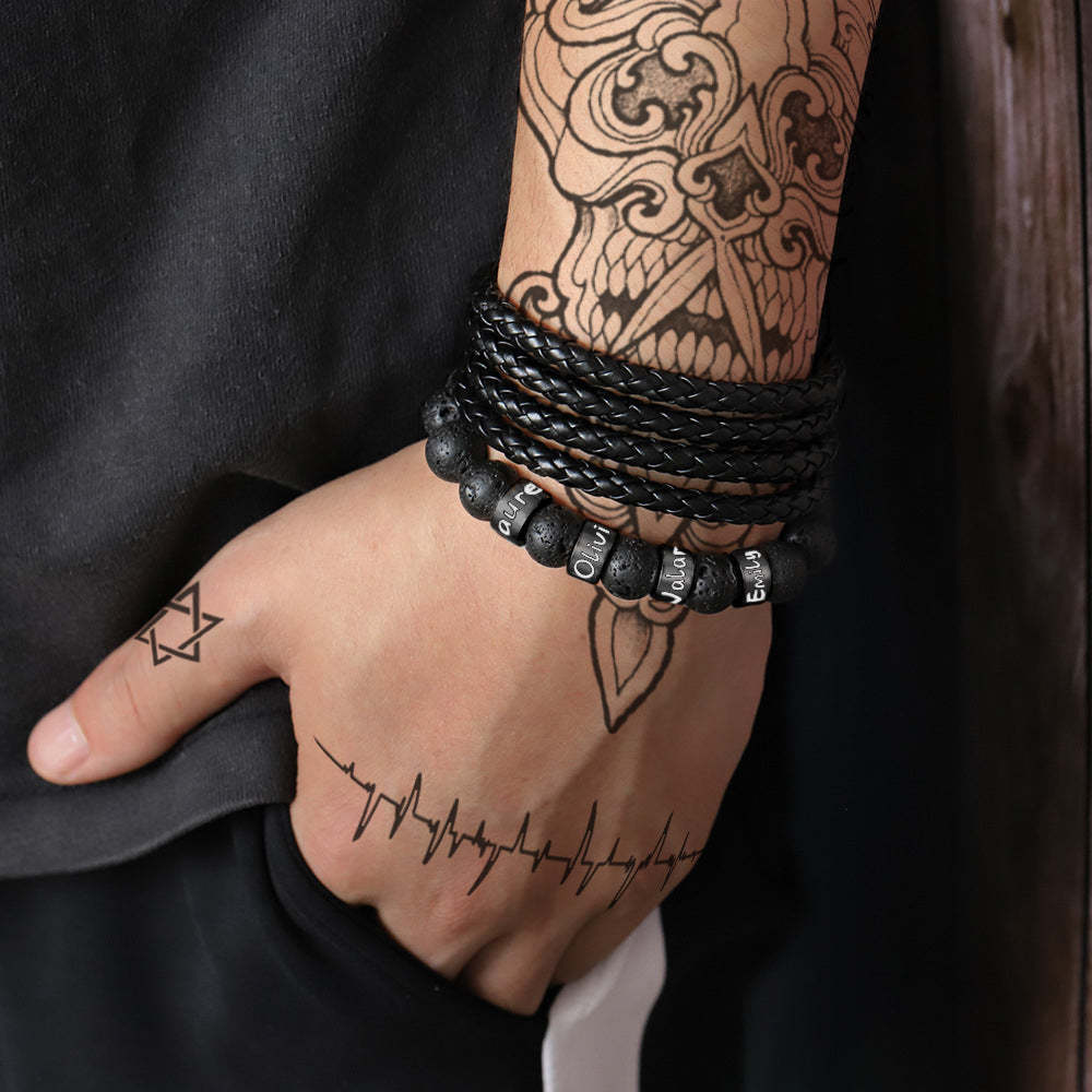 Bracciale Con Perline In Pietra Lavica Nera Con Nome Personalizzato, Regalo Per Uomo, Marito, Padre, Nonno - soufeelit