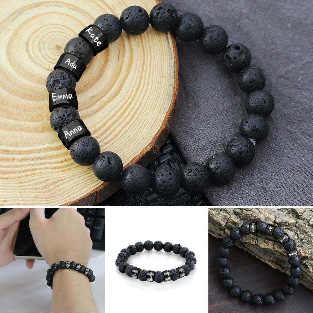 Bracciale Con Perline In Pietra Lavica Nera Con Nome Personalizzato, Regalo Per Uomo, Marito, Padre, Nonno - soufeelit