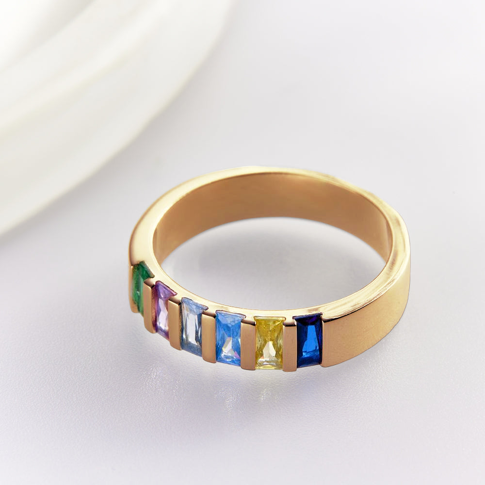 Anello Portafortuna Personalizzato Baguette, Anello Di Famiglia Personalizzato Placcato In Oro 18 Carati, Regalo Per Lei - soufeelit