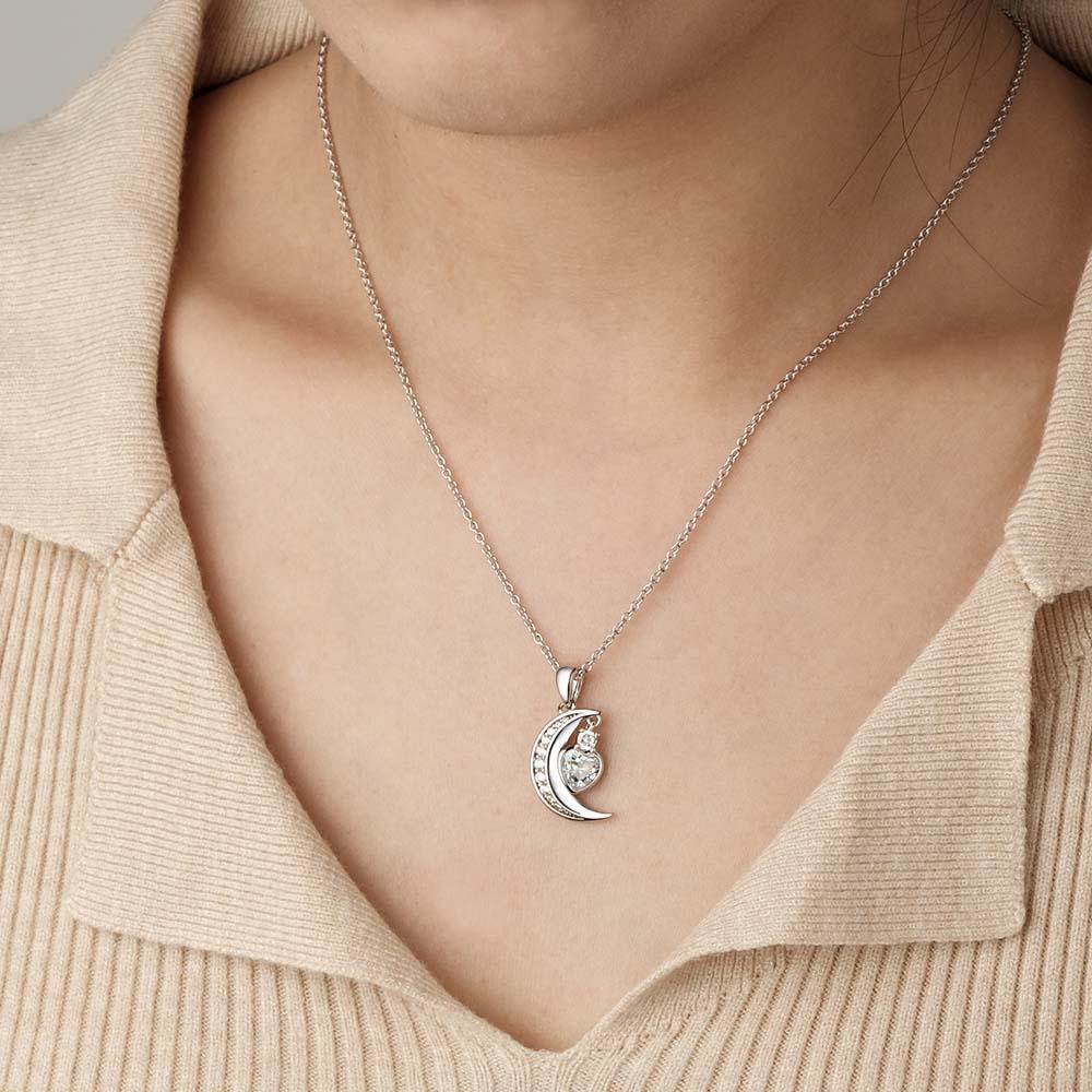 Collana Con Luna In Zirconi Incisa Con Ciondolo In Pietra Portafortuna A Forma Di Cuore, Regali Per Lei - soufeelit